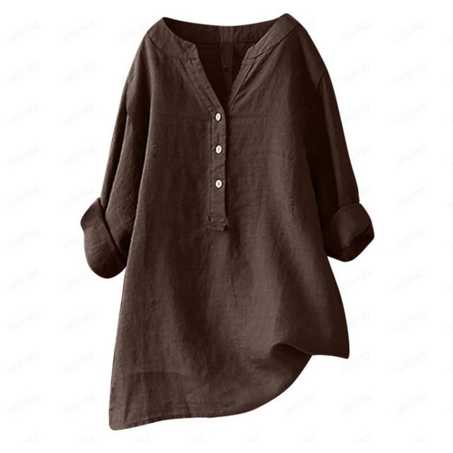 Blusa de lino y algodón con mangas 3/4 largas y botones para mujer