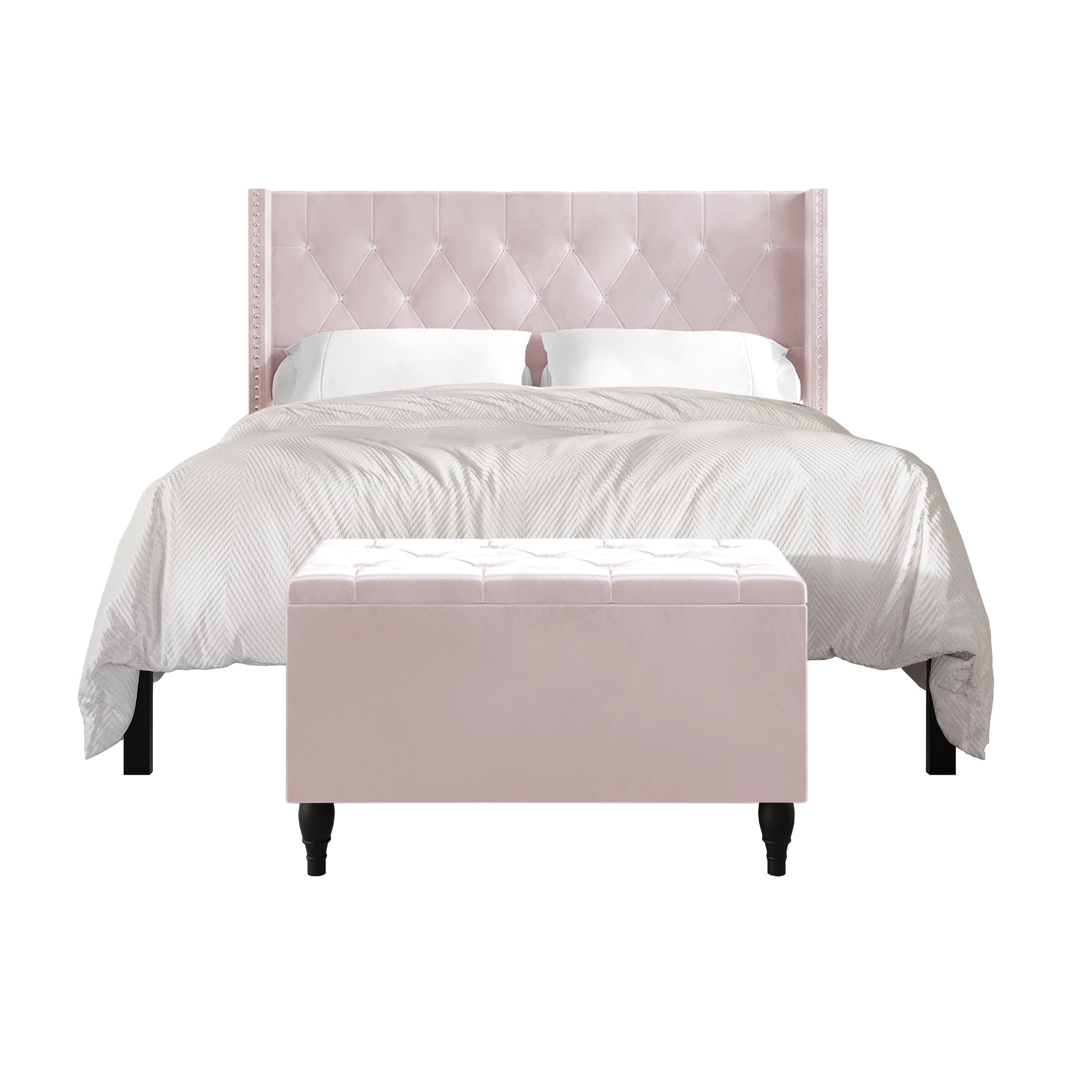Castle Place Button Tufted Wingback Velvet Upholstered Bed with Storage Bench, Light Pink, Full