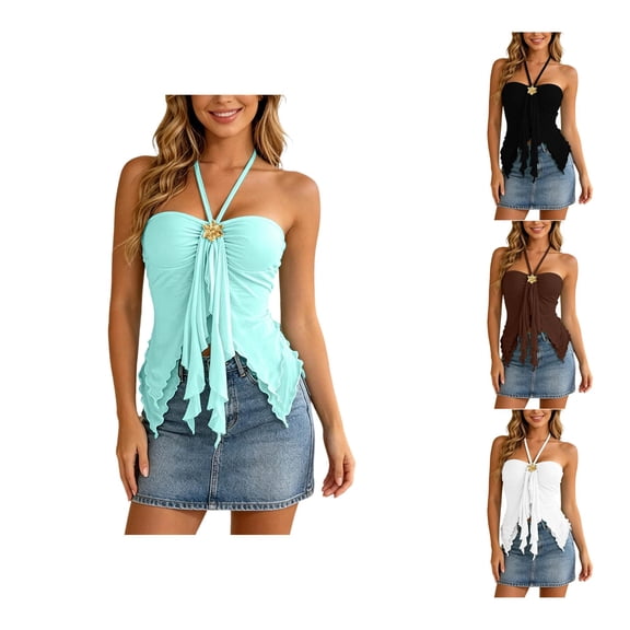 CUSTG Women Solid Color Camis Sleeveless Summer Halter Neck Tank Tops Lightweight Tank With Unique Strap Design Casual Sleeveless Blouse For Warm Weather Relaxed Fit Female Shirts