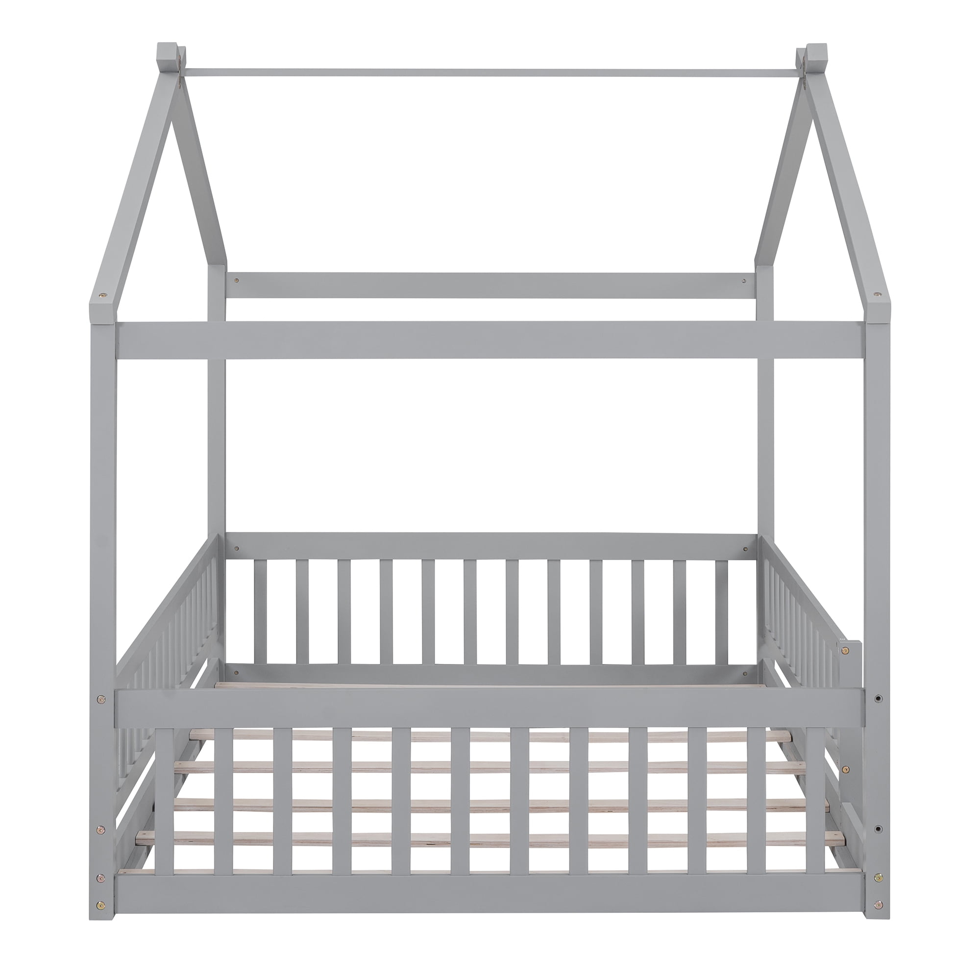 Wooden Full Size House Bed Frame for Kids, Toddler Floor Bed with Roof and Fence, Classic Design Montessori Bed for Toddlers, Teens, Boys or Girls, Box Spring Not Required, Gray