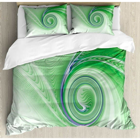 Spires Duvet Cover Set, Curve Windsround Fixed Motif Continuously Increasing Spirals Computer Print, Decorative 3 Piece Bedding Set with 2 Pillow Shams, Queen Size, Green, by Ambesonne