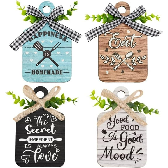 4pcs Kitchen Wall Decor Wood Sign 5.9x3.5 inch Eat Wooden Cutting Board Sign Farmhouse Tiered Tray with Hemp Rope Wall Art Rustic Wall Decor for Home Kitchen Dining Living Room Bar Cafe