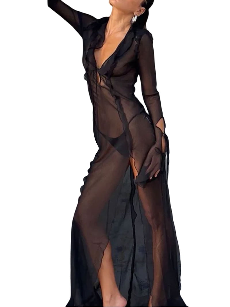 Wassery Women Sexy Sheer Mesh Long Dress Long Sleeve High Slit Maxi Holiday Beach Dress Summer Swimwear See Through Cover Ups - Walmart.com Wassery Women Sexy Sheer Mesh Long Dress Long Sleeve High Slit Maxi Holiday Beach Dress Summer Swimwear See Through Cover Ups - Walmart.com