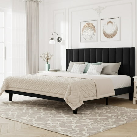 Allewie King Size Velvet Upholstered Bed Frame with Vertical Channel Tufted Headboard  Black