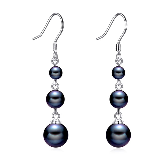925 Sterling Silver Black Pearl Dangle Earrings Three Pearls Drop Jewelry Birthday Gifts for Women (Black Pearl-Silver)