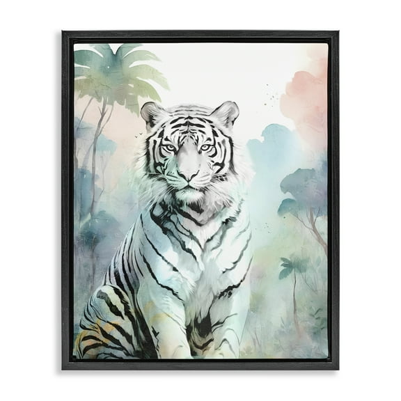 Stupell Industries White Tiger in Jungle Animals Painting Black Floater Framed Canvas Art Print Wall Art, 17 x 21