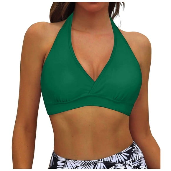 AWZXDE Hauts de Maillot de Bain pour Femmes pour Femmes Couleur Unie Col Licou Rehausseur Design Décolleté en V Profond Élastique Haut de Bikini Décontracté Seulement Vert,TG