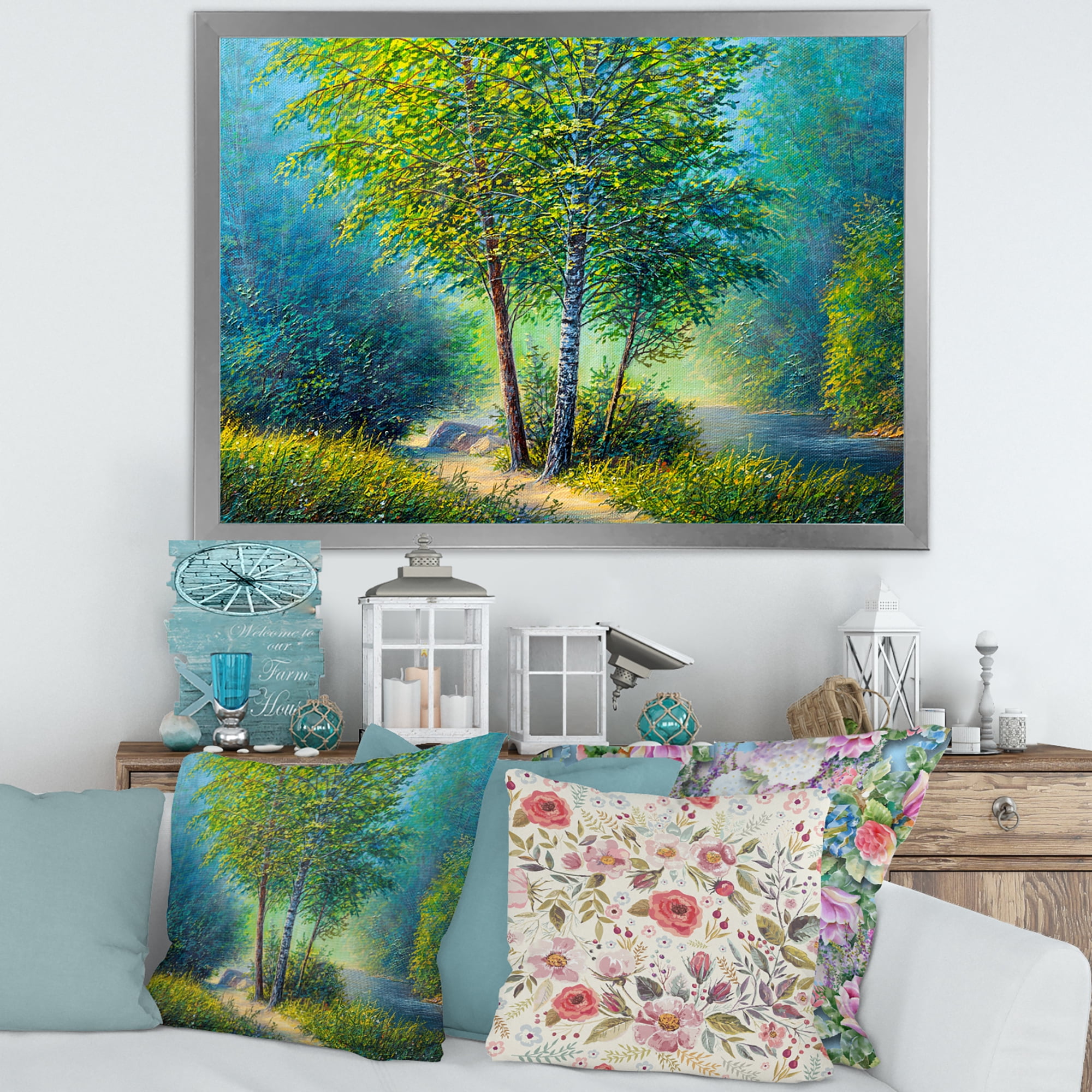 Designart 'Three Vibrant Green Trees By The River' Lake House Framed Art Print