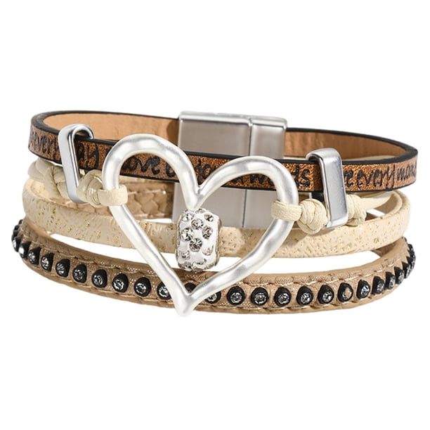 Pulsera Boho tipo brazalete Pulsera apilable Brazalete de aleación Pulsera envolvente de cuero PU Caqui