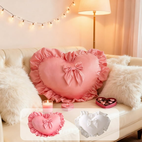 Valentines Heart Pillow Cover | Ruffled Satin Design with Bow | 40x50cm Soft Pink White Cushion Case | Decorative Romantic Home Bedroom Sofa Accent | Elegant Wide Margin | Cozy Gift Idea