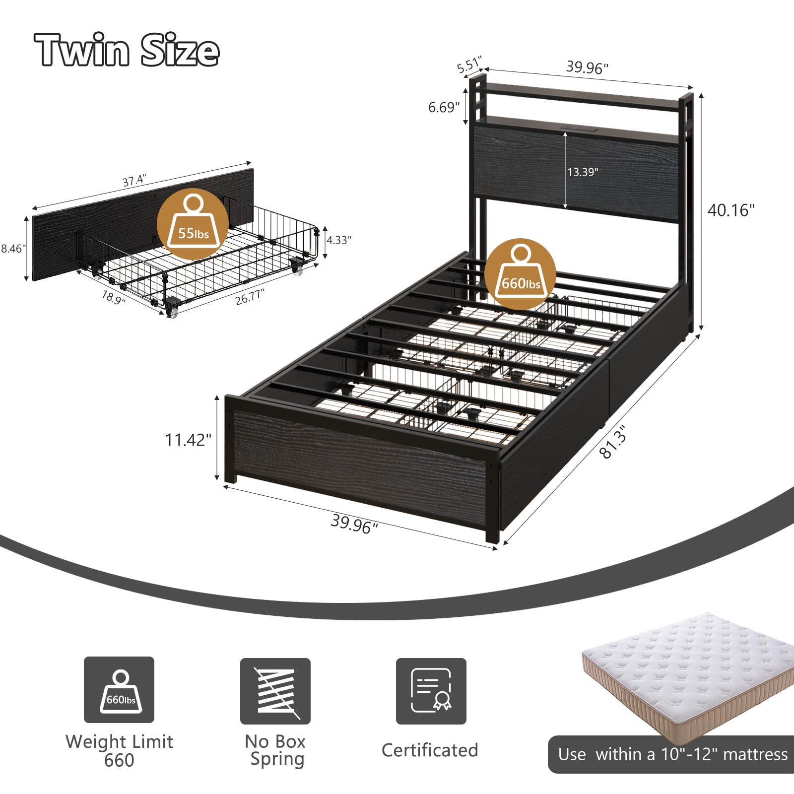 Zimtown Twin Bed Frame with 2-Tier Storage Headboard, Metal Platform Bed Frame with 4 Storage Drawers, Built in Charging Station & LED, Black