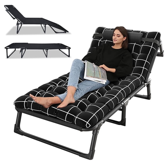 Camping Cot, Adjustable 4-Position Adults Reclining Folding Chaise with Pillow, Outdoor Lounge Chair Sleeping Cot Bed, Perfect for Office, Pool, Beach, Patio