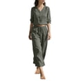 thumbnail image 2 of Women's Linen Cotton Two Piece Set, V Neck Half Sleeve Button Down Top & Drawstring Wide Leg Pants, Breathable Casual Outfit Set for Work Office and Daily Wear Blackish Green L, 2 of 4
