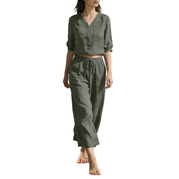 NMMUED Linen Sets for Women 2 Piece Button Down Summer Shirts Wide Leg Linen Capri Pants Lounge Sets for Women Dark Green L