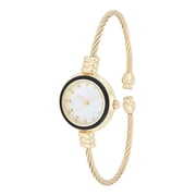 No Boundaries Adult Female Goldtone Round Case Watch with Black Enamel Bezel and Cable Bangle Bracelet.
