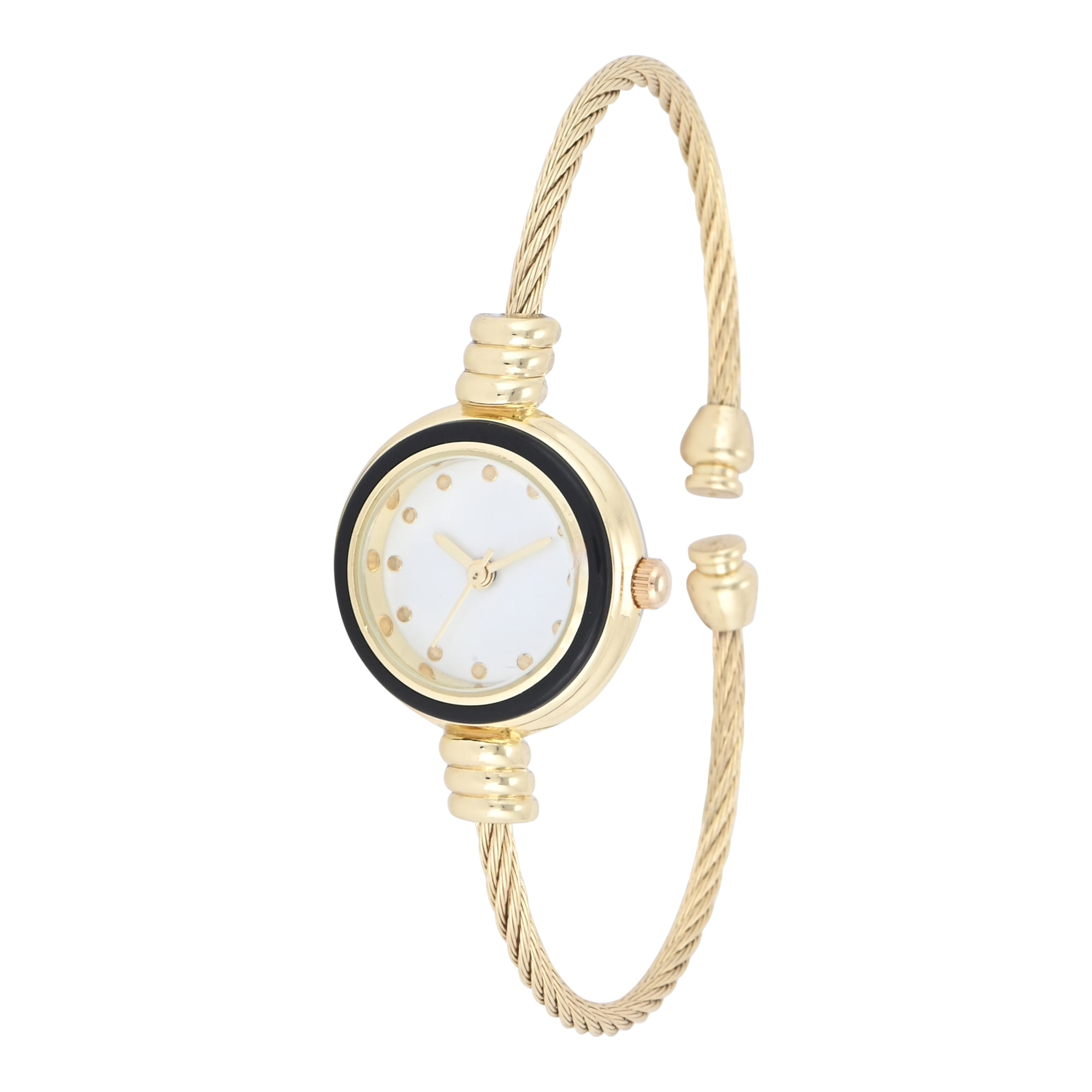 No Boundaries Adult Female Goldtone Round Case Watch with Black Enamel Bezel and Cable Bangle Bracelet.