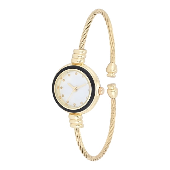 No Boundaries Adult Female Goldtone Round Case Watch with Black Enamel Bezel and Cable Bangle Bracelet.