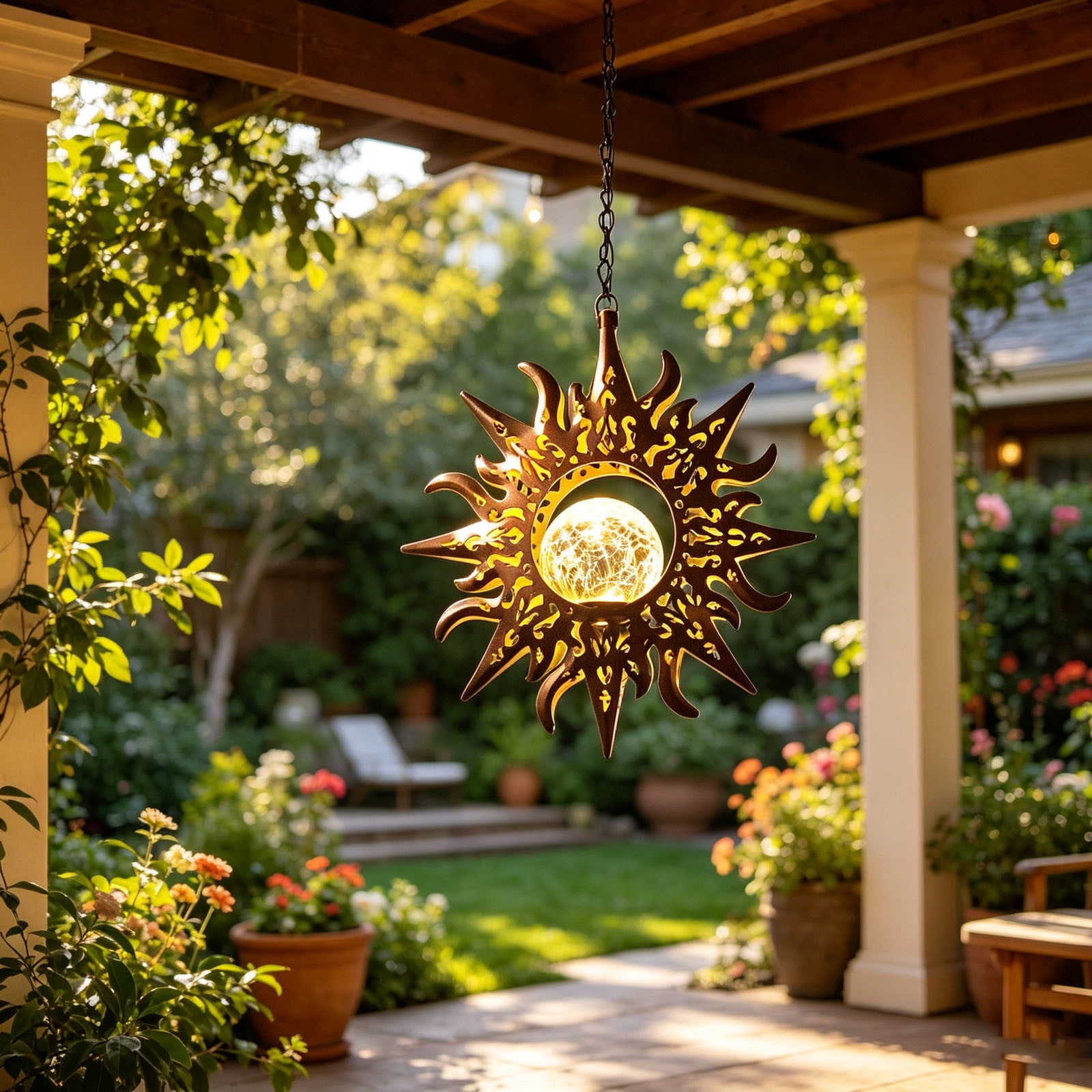 Outdoor Hanging Solar Lights, Garden Decorative Solar Chandeliers 2D Acrylic Hot Air Balloon Shape with Flickering Flame Effect for Patio Porch Wedding Terrace