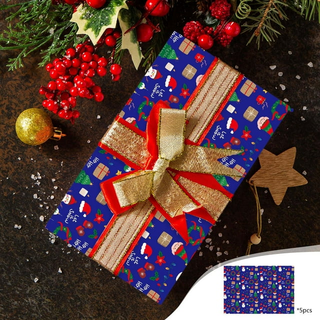 Christmas Wrapping Paper | 5-Piece Set with Santa, Snowflakes & Tree Patterns | 74x50cm Kraft Paper for Holiday Gifts