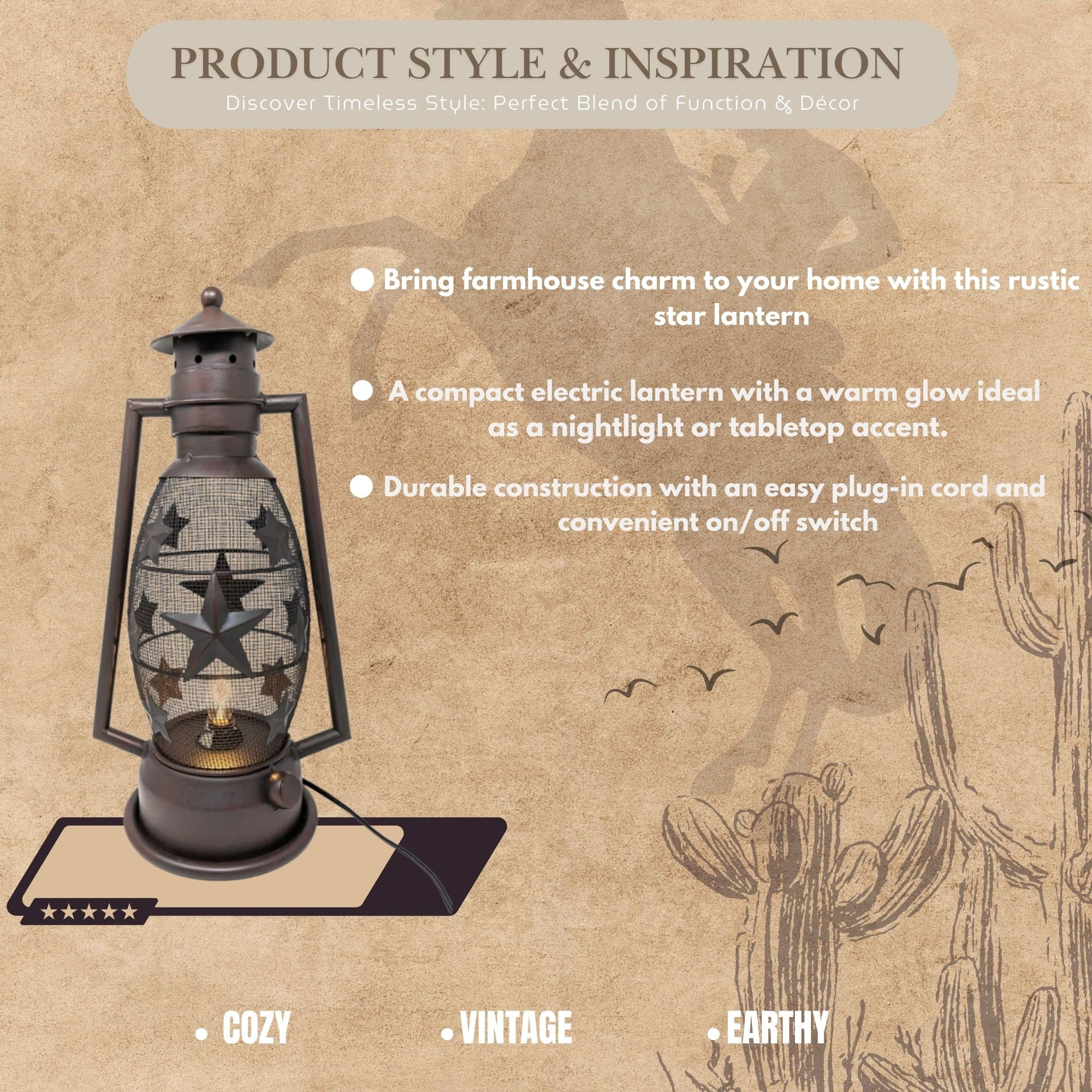 Rustic Metal Star Lantern Nightlight - Vintage Farmhouse Table Lamp with Electric Cord - Western Cowboy Style Décor for Living Room, Bedroom, or Office
