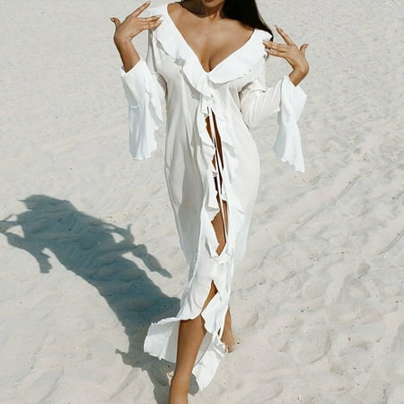 Bathing Suit Fashion Loose Casual V Neck Ruffled Summer Beach Cover Up Beach Dress Bikini Sunscreen Smock Swimsuit Cover Up Dress WHITE S
