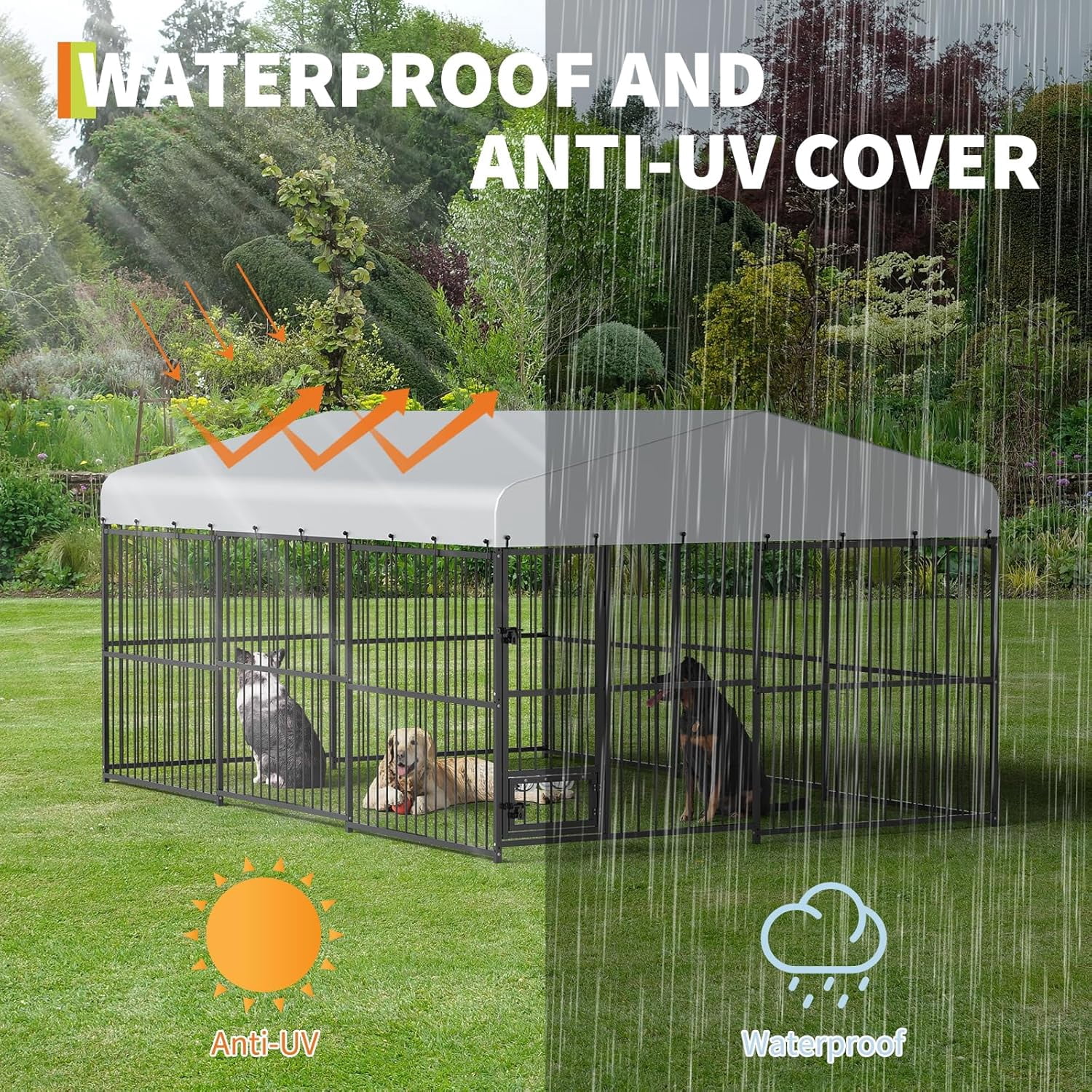 10x15x6FT Heavy Duty Large Outdoor Dog Kennel with Waterproof Cover and Feeding Doors for Backyard Garden Patio