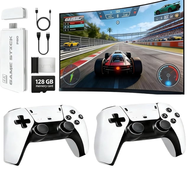 Retro Wireless Gaming Console 2025 New Edition Built-in 128GB storage Features 23 emulators supporting 20,000+ games Includes dual 2.4GHz wireless controllers 4K HDMI TV gaming stick—plug and play