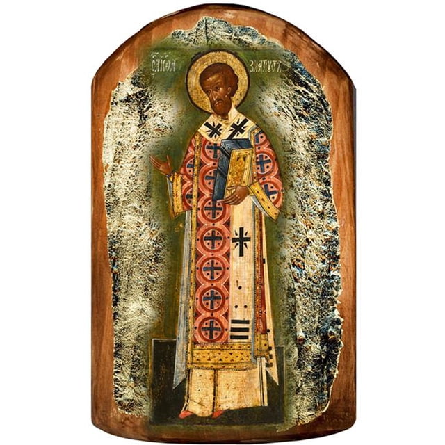 Saint Chrysostom Icon Painting on Gold-Plated Wooden Block