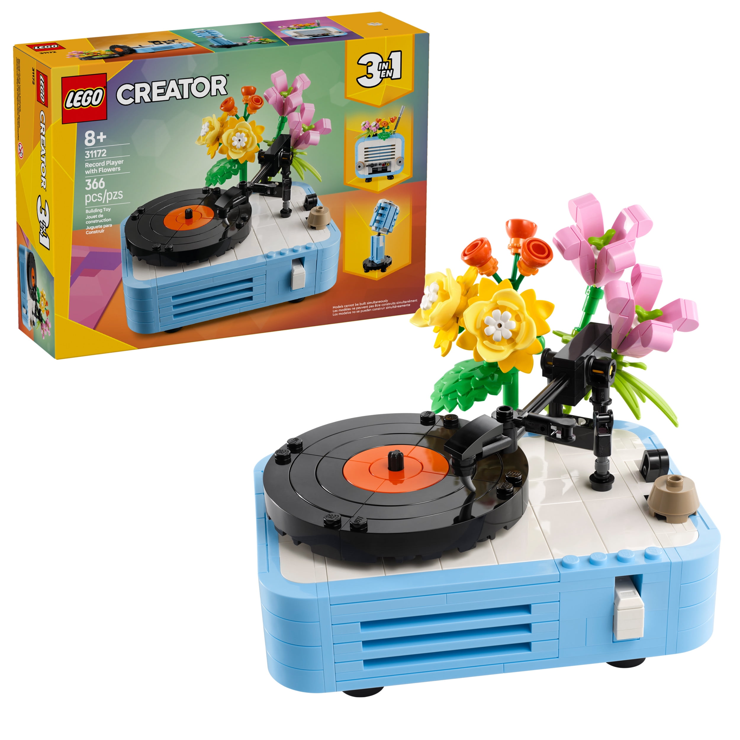 LEGO Creator 3 in 1 Record Player with Flowers - Building Toy with 3 Options, Record Player, Radio, or Microphone - Building Kit for Kids, Boys, and Girls, Ages 8+ - Gift Idea for Birthdays - 31172, LEGO Record Player with 31172