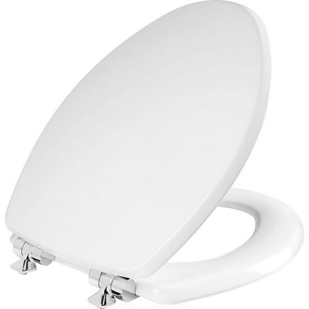 Mayfair Benton? Elongated Enameled Wood Toilet Seat in White with STA-TITE? Seat Fastening System? and Whisper•Close? Chrome Hinge