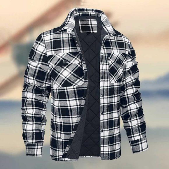 Men‘s Quilted Lined Jackets Plus Size Plaid Outerwear Fall Button Down Shirt Jacket Modern Fit Long Sleeve Outdoor Work Jacket