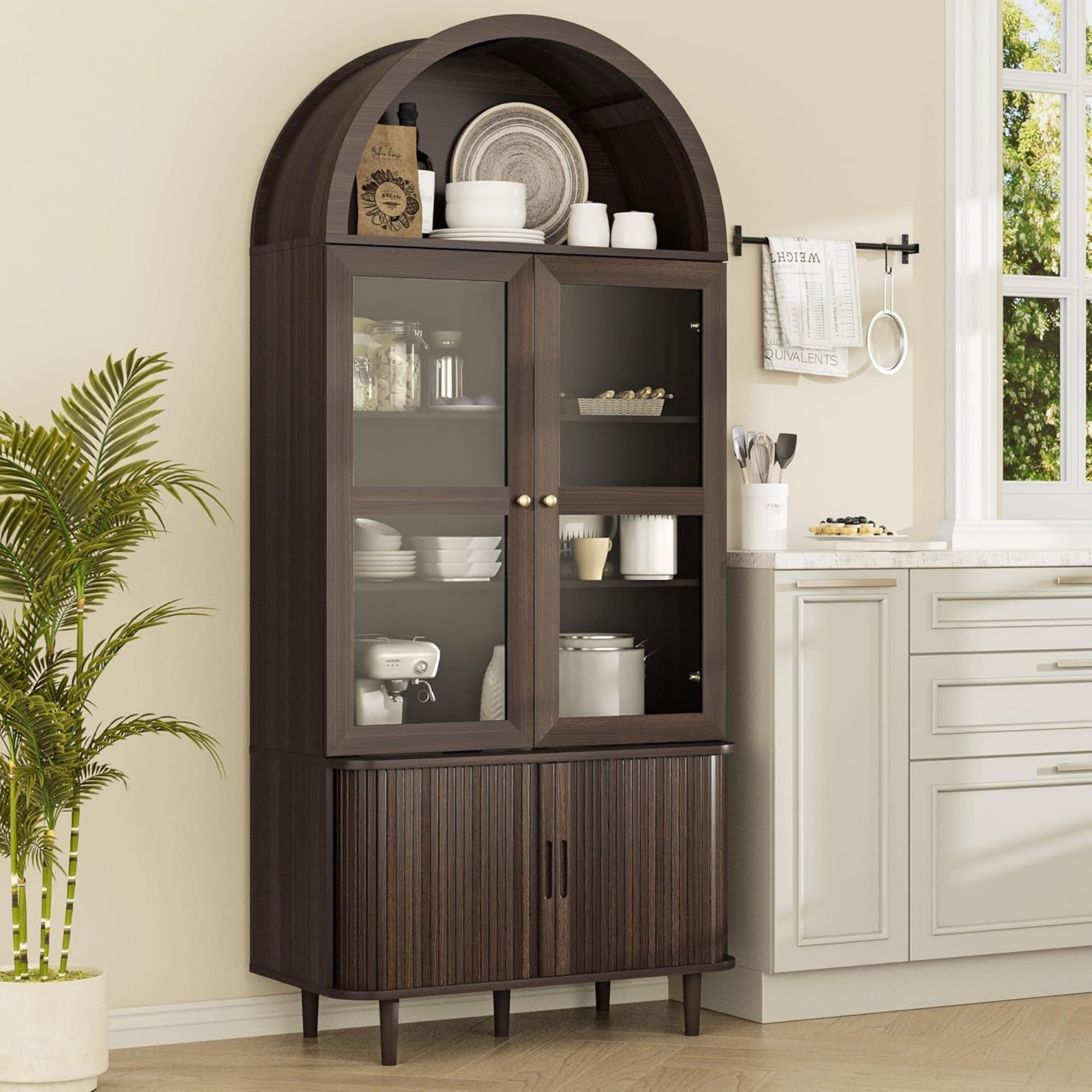 71 Inch Arched Cabinet with Glass Sliding Doors, Fluted Tall Pantry Cabinet with Adjustable Shelves, Coffee
