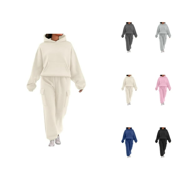 Track Suits for Women Set Plain Hoodie and Cargo Jogger Sweatpants 2 Piece Matching Sweatsuit Travel Lounge Set