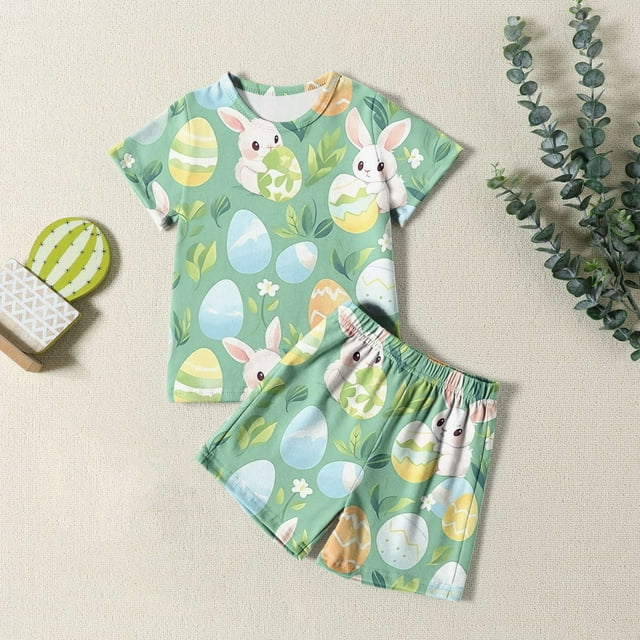 Ensemble de Pyjamas de Pâques pour Garçons, Imprimé Lapin de Pâques, Col Rond, Manches Courtes, T-Shirt et Shorts, Ensemble de Pyjamas pour Filles