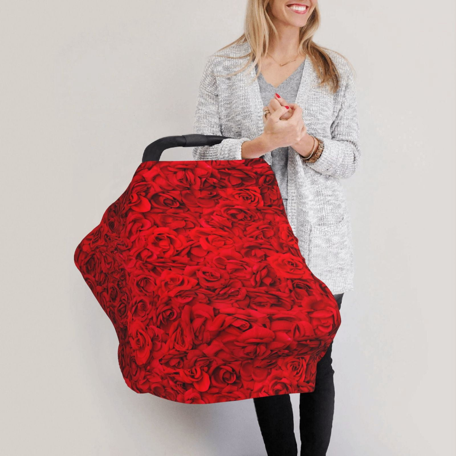 Fotbe Red Rose Pattern Car Seat Covers for Babies, Nursing Breastfeeding Cover Infant Carseat Canopy, Soft Stretchy Carrier Cover