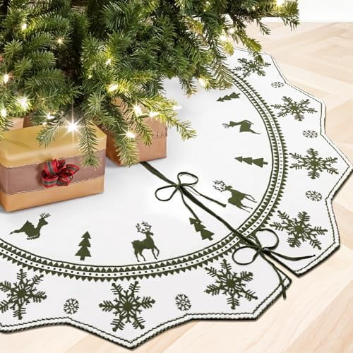 72 Inch Christmas Tree Skirt, Knit Tree Skirt for 12ft Tree to 9ft Tree, Double-Sided Green and White Large Tree Skirt for Indoor Holiday Party Farmhouse Christmas Tree Decorations