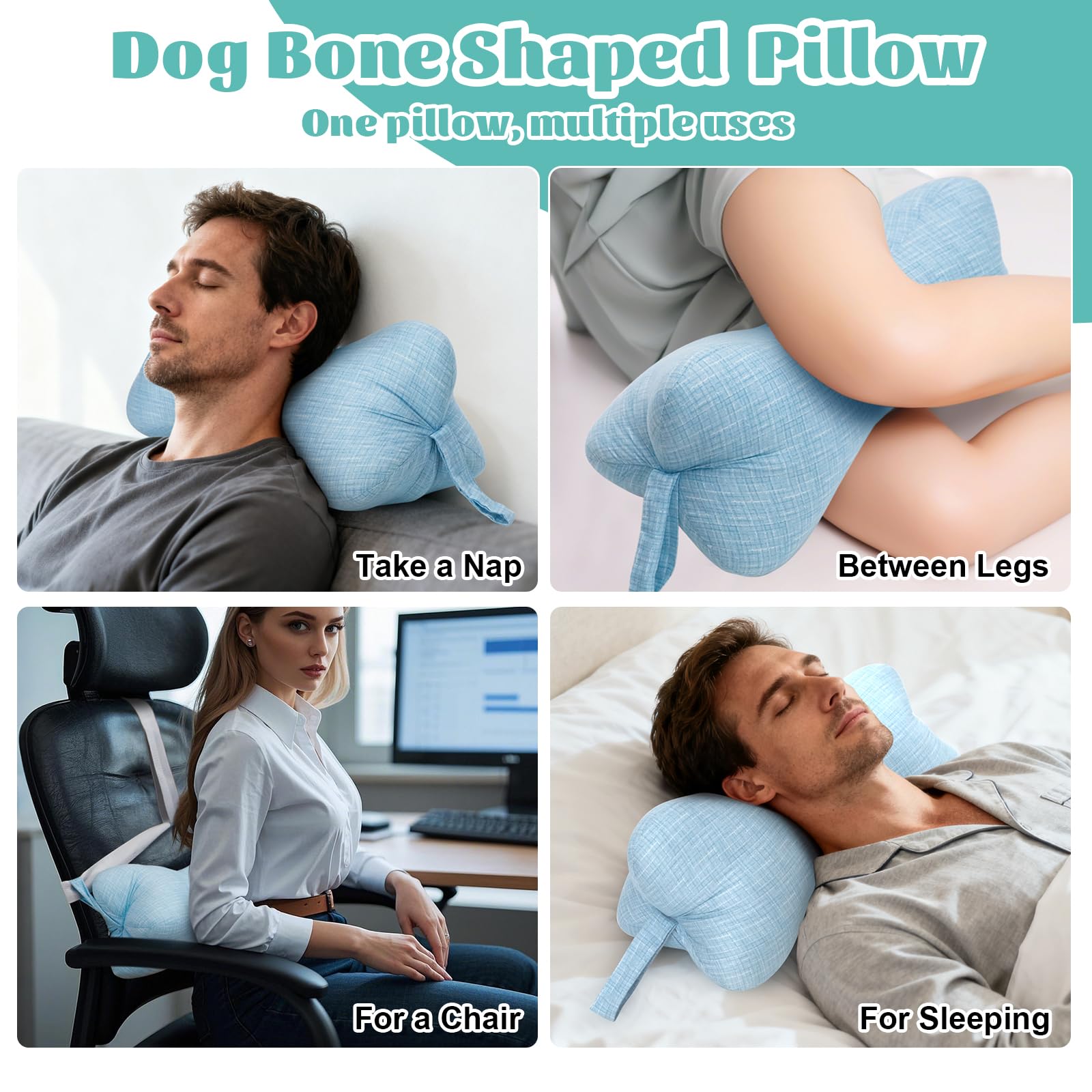 RoamReady Neck & Cervical Pillows, Dog Bone Shaped Neck Pillow with Fixed Rope & Have Loops on End, for Chiropractic Lumbar Spine, for Car Bus Truck Driving Travel Comfort Head Rest Support,Blue