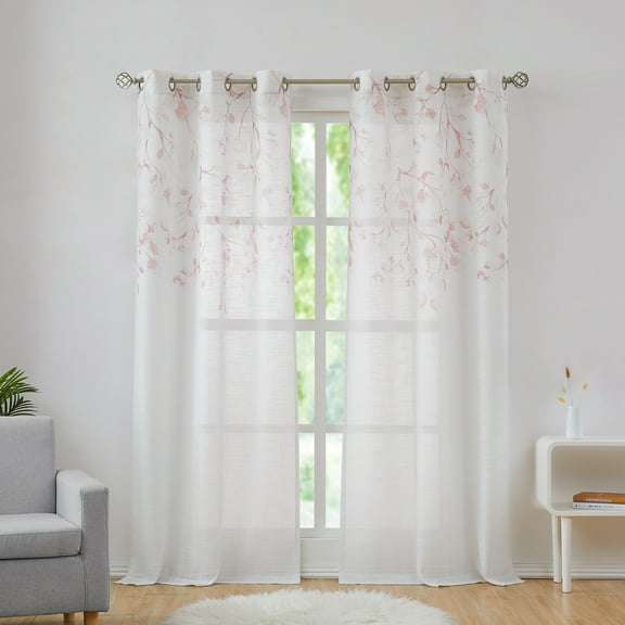 Uptown Home Leaf Metallic Sheer Farmhouse Coral Red Floral Metallic Leaves Curtains, 40"x63", 2 Panels