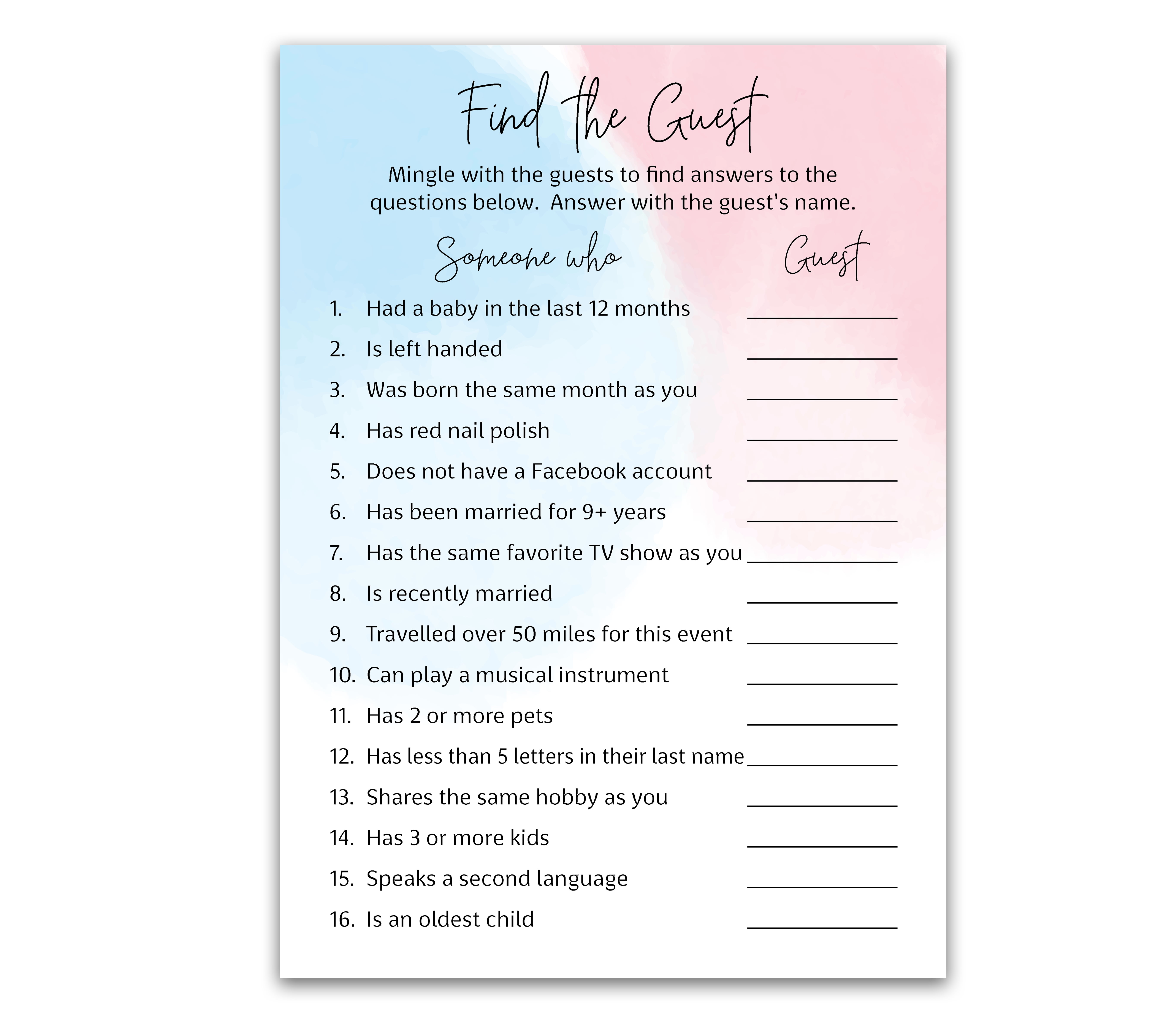 GENDER REVEAL — FIND THE GUEST Baby Shower Game — Pack of 25