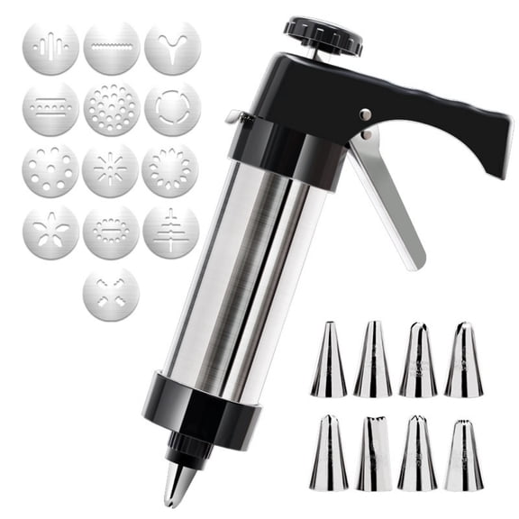 Stainless Steel Cookies Press,Cookie Press Gun Kit with 13 Cookie Discs and 8 Piping Tips,for DIY cake Maker Decorating Baking Supplies