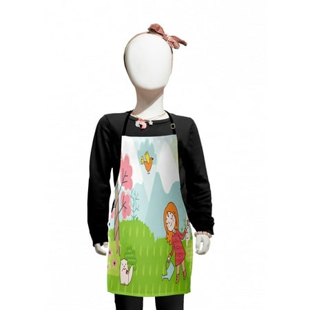 

Nursery Kids Apron Childish Cartoon Design of Little Girl in Woods Mountain and Animals Boys Girls Apron Bib with Adjustable Ties for Cooking Baking Painting Lime Green Multicolor by Ambesonne