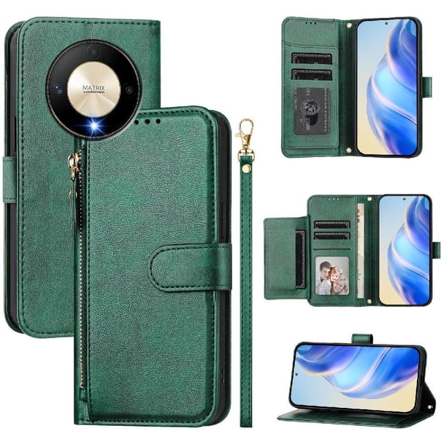 Funda para Honor X9b 5G con cremallera tipo cartera, tarjetero, marco de fotos, soporte y cordón, de piel sintética. verde