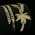 thumbnail image 2 of Hip Hop Jewelry Cubic Zirconia Gold Plated Coast Palm Tree Charm Pendant & 5mm 24" 14K Stamped Brass Cuban Chain Necklace Bling Set, 2 of 7