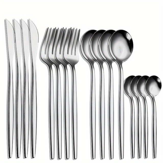 16pcs, 4-Piece Stainless Steel Portuguese Steak Knife, Fork, Spoon, and Small Spoon Set - Perfect for Family Dinners and Special Occasions