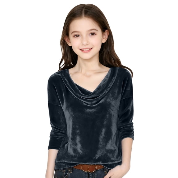 Tdoqot Girls Velvet T-Shirts- V-Neck Dressy Casual Long Sleeve Soft Party Tops Gray Size 10