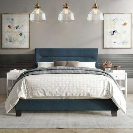 Castle Place Simple Linen Upholstered Full Bed, Blue