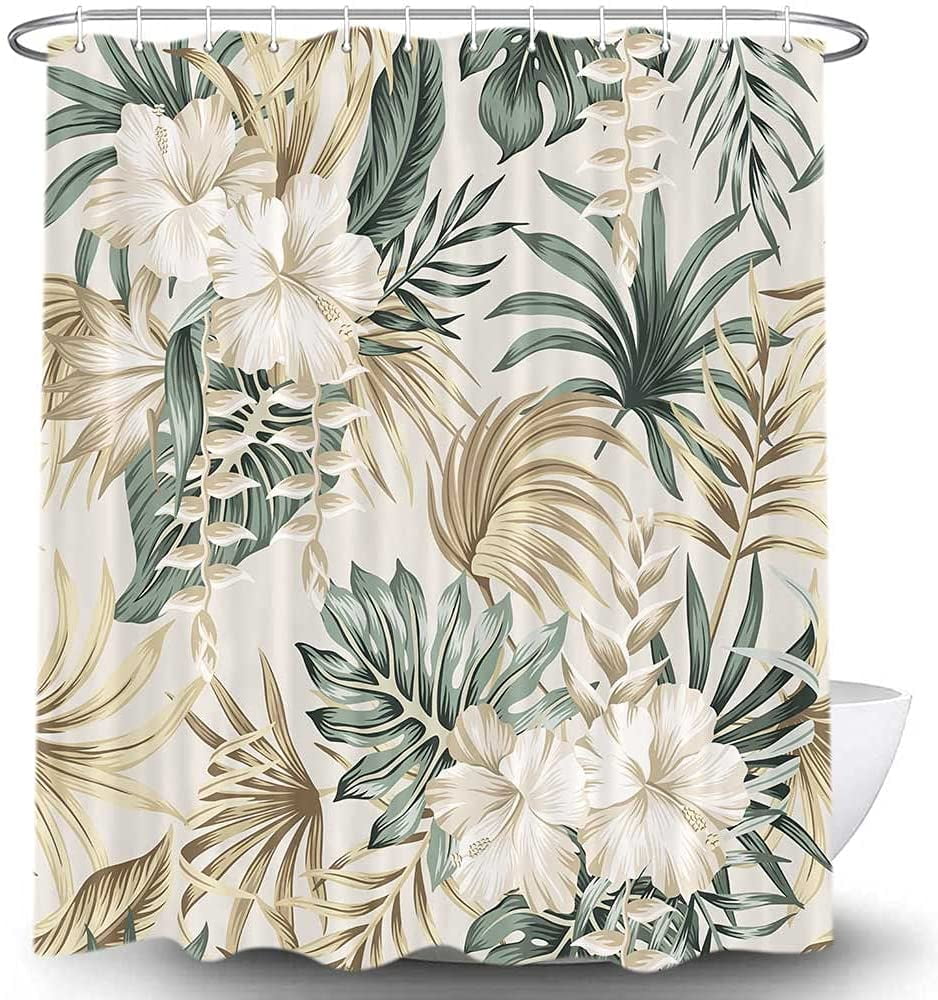 Tropical Plant Flower Shower Curtain for Bathroom, Vintage Sage Green Palm Leaves Beige Fabric Shower Curtains Set, Cute Floral Greenery Botanical Restroom Decor Accessories with Hooks 72'X72'