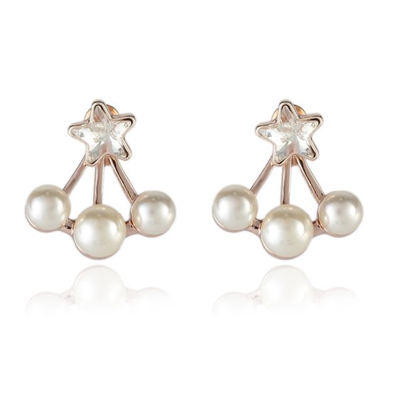 Grandest Birch Women Faux Pearl Star Rhinestone Ear Jacket Evening Party Earrings Jewelry Gift Alloy, Rhinestone, Faux Pearl Gold