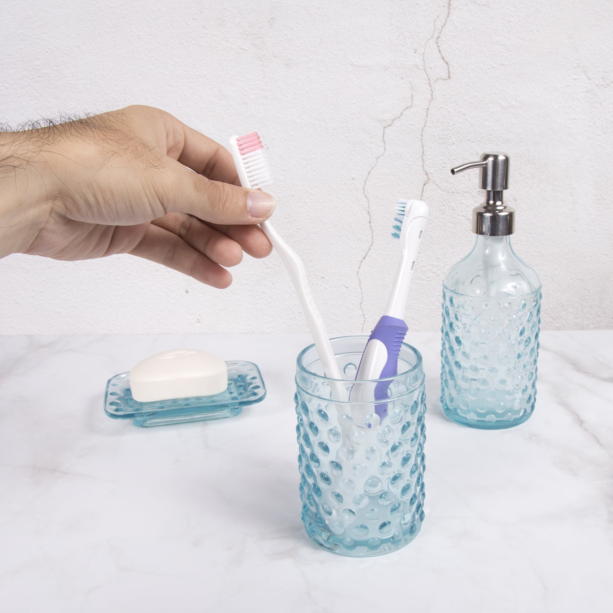 Creative Home Transparent Blue Dot Glass Tumbler Toothbrush Holder,