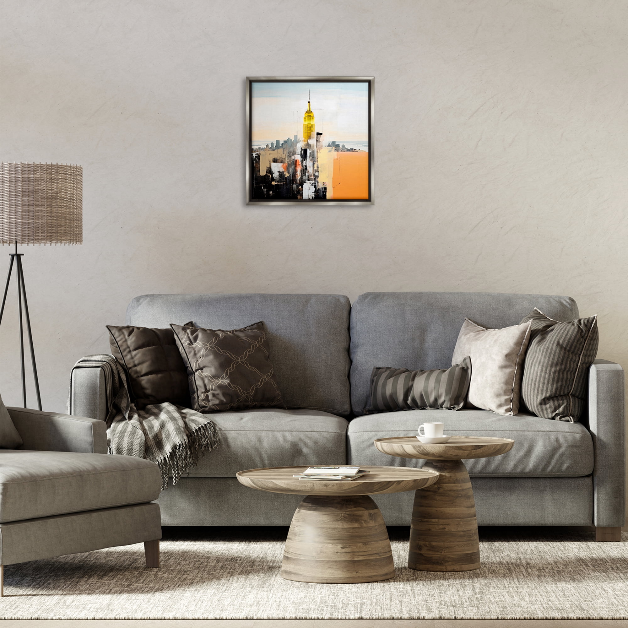 Stupell Industries Abstract Cityscape Tower Scenic & Cityscapes Painting Gray Floater Framed Canvas Art Print Wall Art, 18 x 18